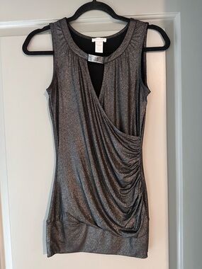 Cache Metallic Charcoal Sleeveless Draped Top